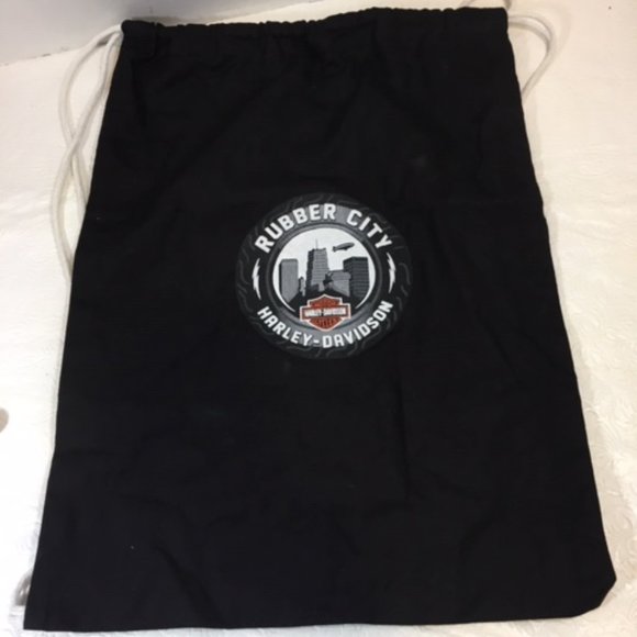 Harley-Davidson Rubber City Lightweight Black Cotton Drawstring Backpack 13.5x18 - Picture 2 of 5